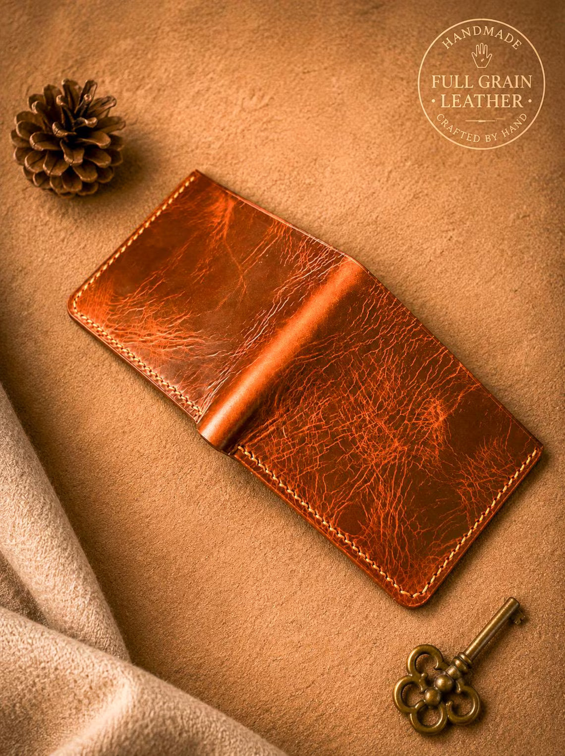 Classic Bifold Wallet with Hidden Pocket in Italian Full-Grain Leather