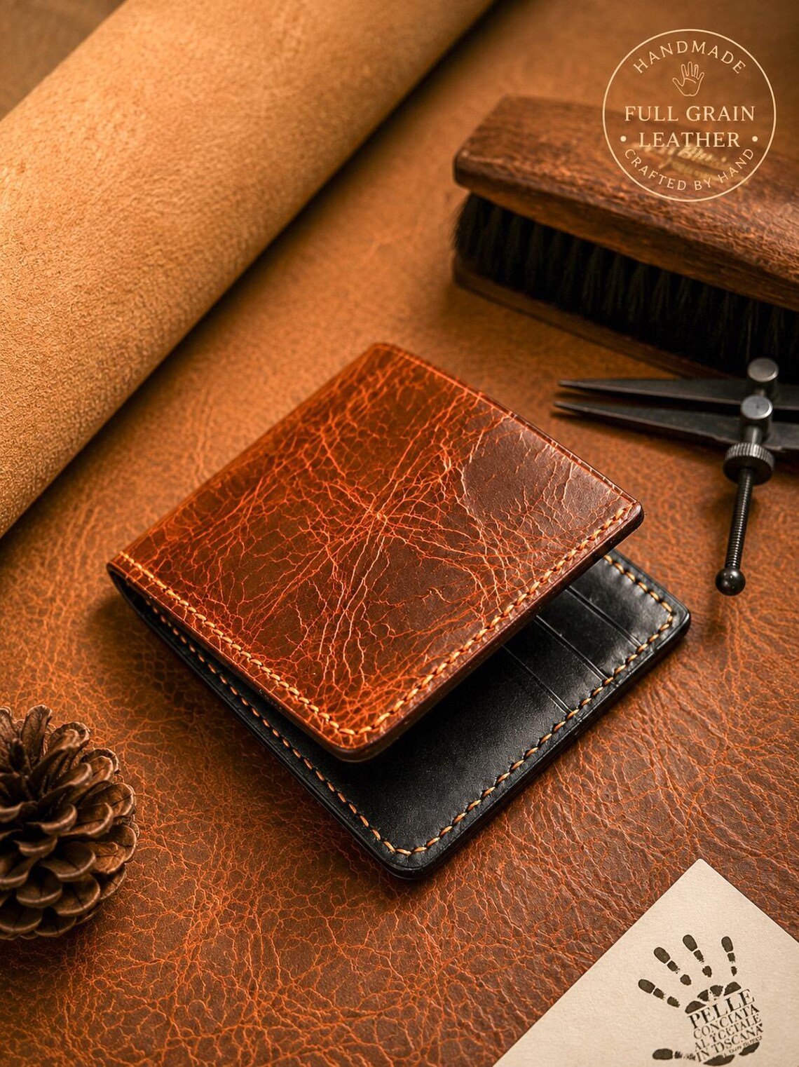 Classic Bifold Wallet with Hidden Pocket in Italian Full-Grain Leather